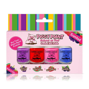 Piggy Paint Kid Friendly Nail Polish Gift Sets Mini Scented 4 Bottle Set: Grouchy Grape - Purple Wacky Watermelon - Red Sassy Strawberry - Pink Bossy Blueberry - Blue (Mini Bottle Size)