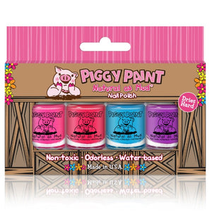 Piggy Paint Kid Friendly Nail Polish Gift Sets 4 Bottle Box Set: Turquoise Pink Purple Coral (Mini Bottle Size)
