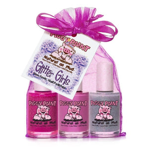 Piggy Paint Kid Friendly Nail Polish Gift Sets Glitter Girls Gift Set: Glitter Bug - Multi Silver Glitter Jazz it Up - Pink Glamour Girl - Glitter Fuschia (Full Bottle SIze)