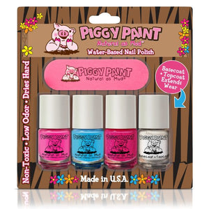 Piggy Paint Kid Friendly Nail Polish Gift Sets 4 Bottle Set with Nail File: Turquoise Pink Light Pink Basecoat (Mini Bottle Size)