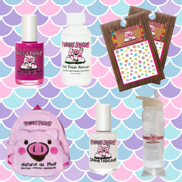 Mini Piggy Paint Gift Set - Rucksack Waterbottle 3 Nail Polish & Remover + 2 Nail Art Sticker (Random Design)