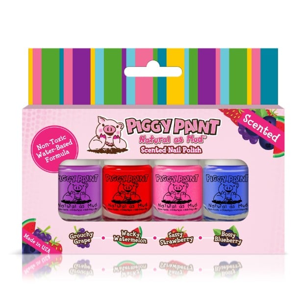 Piggy Paint Kid Friendly Nail Polish Gift Sets Mini Scented 4 Bottle Set: Grouchy Grape - Purple Wacky Watermelon - Red Sassy Strawberry - Pink Bossy Blueberry - Blue (Mini Bottle Size)