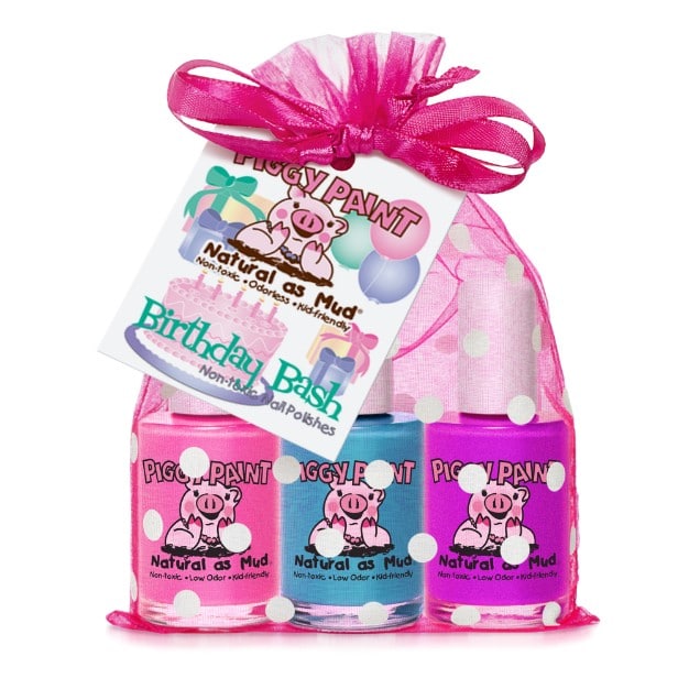 Piggy Paint Kid Friendly Nail Polish Gift Sets Birthday Bash Gift Set: Jazz It Up - Pink Shimmer Sea-Quinn - Matte Turquoise Groovy Grape - shimmer purple (Full Bottle Size)