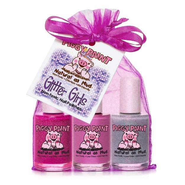 Piggy Paint Kid Friendly Nail Polish Gift Sets Birthday Bash Gift Set: Jazz It Up - Pink Shimmer Sea-Quinn - Matte Turquoise Groovy Grape - shimmer purple (Full Bottle Size)